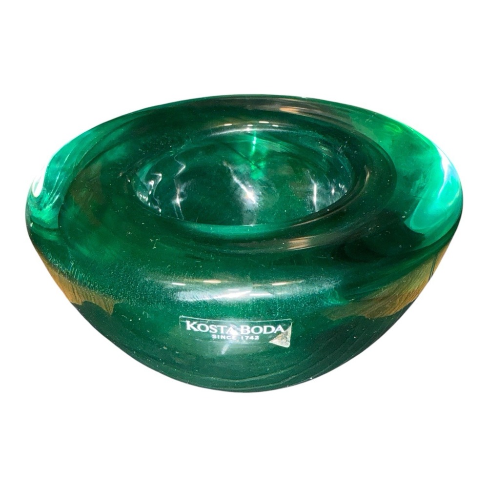 Vintage KOSTA BODA Emerald Green Swirl Glass Atoll Votive Holder Paper Weight